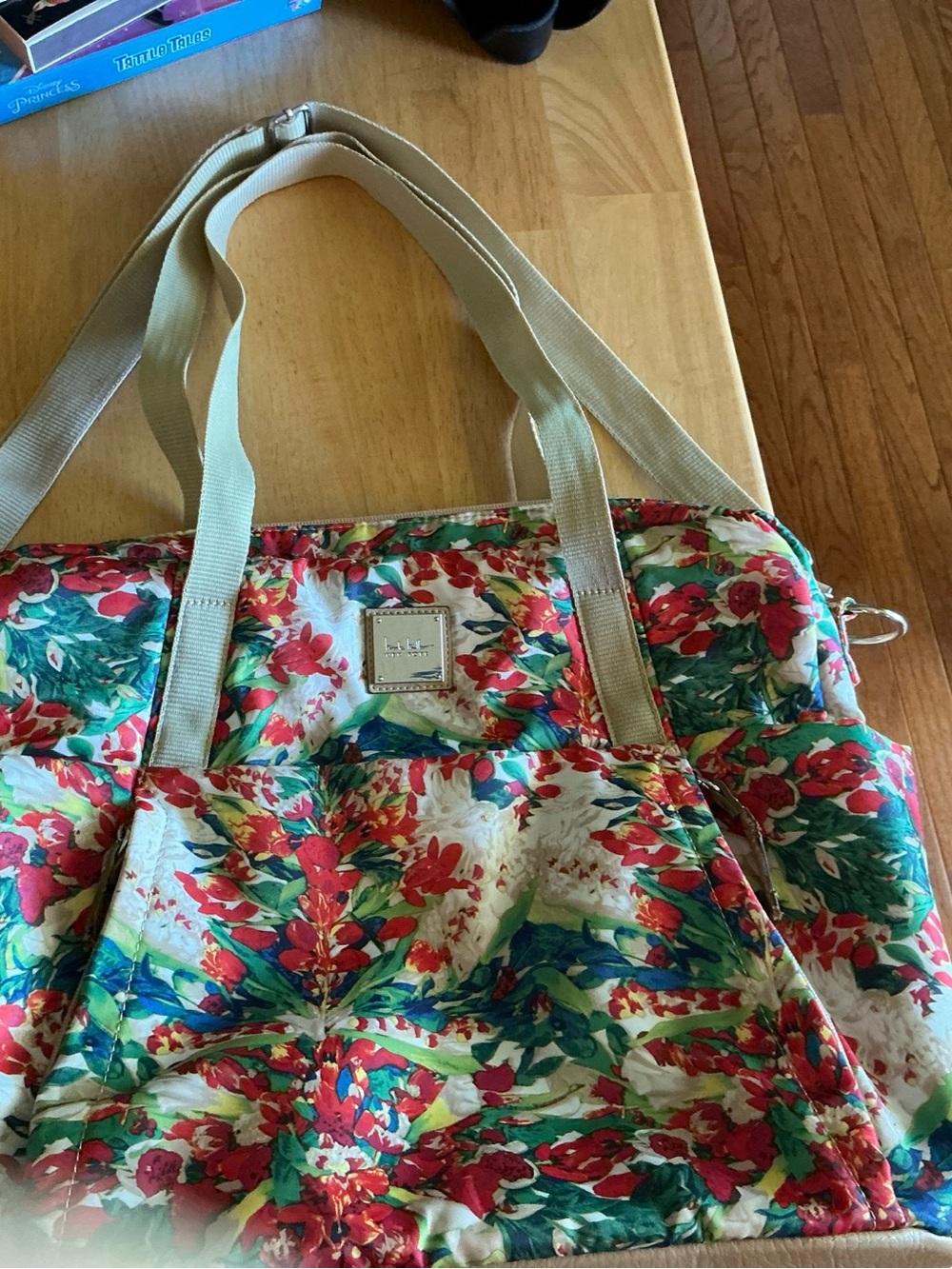 Floral Quilted Tote with Beige Straps